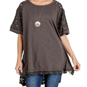 Umgee USA Womens 1X Gray Crochet Lace Open Knit Tunic Top Boho Lagenlook‎ Casual